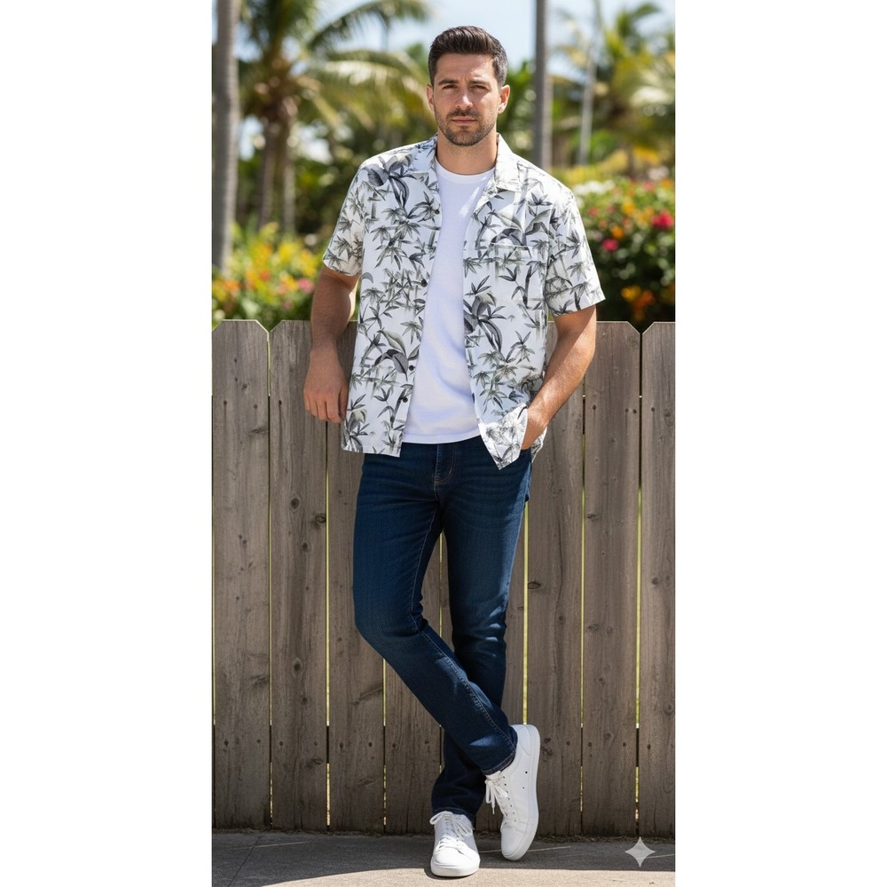 Campia Moda Men's XL Hawaiian Tropical Bamboo Leaf Print Relaxed Rayon Shirt